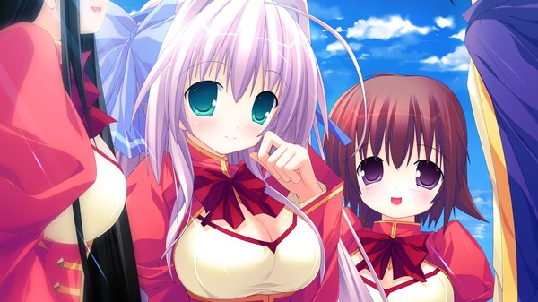 Anime picture 1280x720 with tiny dungeon (game) rosebleu note rumu short hair brown hair wide image purple eyes multiple girls green eyes game cg white hair girl 2 girls serafuku