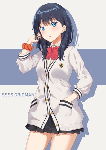 Anime-Bild 1240x1754 mit gridman universe ssss.gridman studio trigger takarada rikka dance of eternity single long hair tall image looking at viewer blush fringe blue eyes black hair simple background standing long sleeves pleated skirt :o copyright name hand in pocket