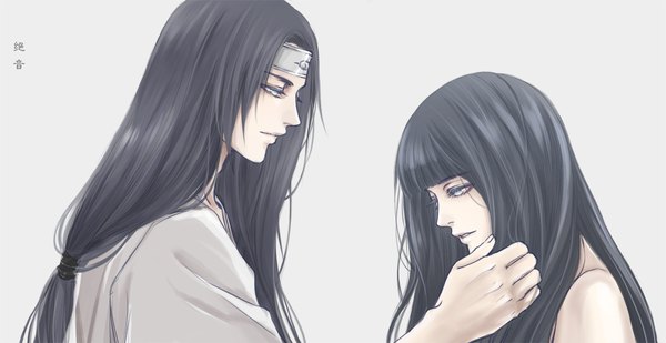 Anime picture 1000x516 with naruto studio pierrot naruto (series) hyuuga hinata hyuuga neji rainbowlu long hair fringe blue eyes black hair simple background wide image white background bare shoulders payot looking away upper body ponytail blunt bangs parted lips