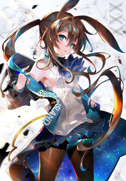 Anime picture 2591x3714 with arknights amiya (arknights) arutera single long hair tall image looking at viewer blush fringe highres open mouth simple background hair between eyes brown hair animal ears payot ponytail aqua eyes off shoulder open jacket