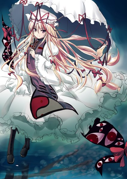 Anime picture 2480x3507 with touhou yakumo yukari harape musume (artist) single long hair tall image highres blonde hair red eyes eyes girl dress umbrella