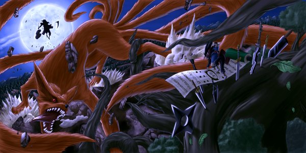 Anime-Bild 3000x1504 mit naruto studio pierrot naruto (series) uchiha madara kurama (kyuubi) senju hashirama vinc3412 long hair highres open mouth black hair red eyes wide image sky cloud (clouds) teeth coloring mountain multiple tails sharp teeth