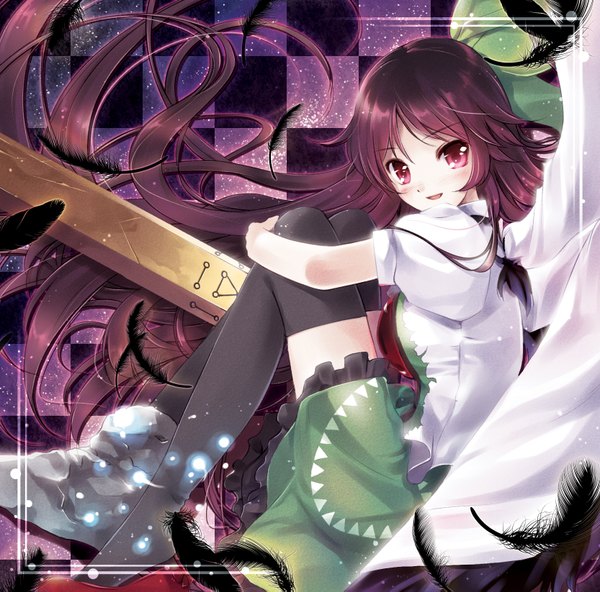 Anime picture 1666x1645 with touhou reiuji utsuho miyase mahiro single long hair looking at viewer blush open mouth red eyes brown hair floating hair framed checkered checkered background arm cannon girl thighhighs dress weapon black thighhighs