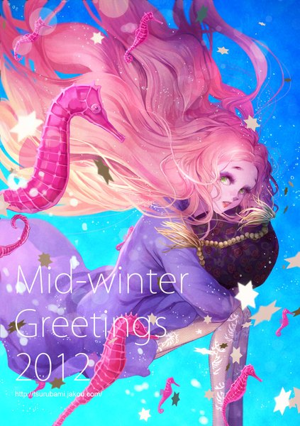 Anime picture 742x1053 with original makkuro single tall image looking at viewer pink hair very long hair parted lips hug lipstick text eyebrows underwater english red lipstick 2012 girl dress pantyhose star (symbol)