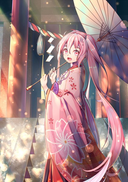 Anime picture 707x1000 with vocaloid hatsune miku sakura miku kr (sapphire) single tall image looking at viewer blush fringe open mouth hair between eyes standing twintails holding pink hair ahoge very long hair traditional clothes japanese clothes pink eyes