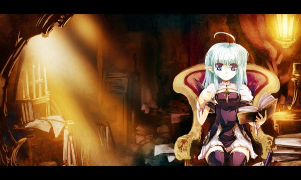 Anime picture 1280x768 with original tokiame long hair open mouth blue eyes wide image sitting ahoge green hair :o letterboxed girl thighhighs dress black thighhighs book (books) wrist cuffs paper lamp armchair