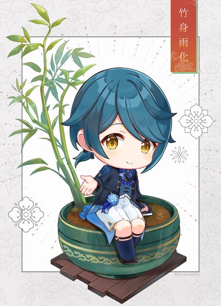 Anime picture 1446x2000 with genshin impact xingqiu (genshin impact) xingqiu (bamboo rain) (genshin impact) fukaya miku single tall image looking at viewer short hair smile sitting yellow eyes blue hair full body official alternate costume low ponytail chibi boy plant (plants) bamboo