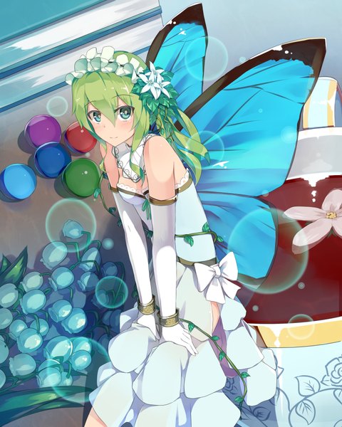 Anime picture 2800x3500 with original seneto single long hair tall image highres blue eyes bare shoulders green hair insect wings butterfly wings girl dress gloves flower (flowers) wings elbow gloves white gloves headdress