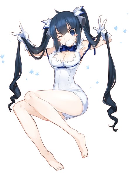 Anime picture 700x953 with dungeon ni deai wo motomeru no wa machigatteiru darou ka j.c. staff hestia (danmachi) shirako miso single tall image blush fringe breasts blue eyes light erotic black hair simple background large breasts white background twintails looking away cleavage full body ahoge