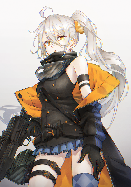 Anime picture 2876x4093 with girls frontline pkp (girls frontline) kunoki toki single long hair tall image looking at viewer fringe highres simple background hair between eyes standing bare shoulders holding yellow eyes silver hair ahoge parted lips pleated skirt off shoulder