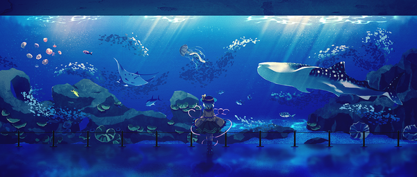 Аниме картинка 1600x681 с touhou комеидзи коиши dise один (одна) короткие волосы широкое изображение стоя всё тело сзади сердечко петлёй девушка шляпа животное сердце (символ) сапоги до колен рыба (рыбы) медуза аквариум акула скат