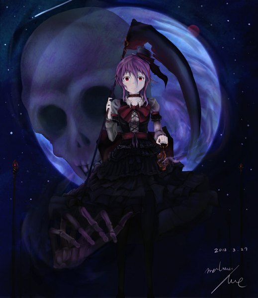 Anime picture 1001x1157 with original marumoru single tall image looking at viewer short hair red eyes signed purple hair dark background girl dress weapon hat moon skull scythe