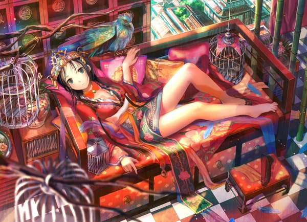 Anime picture 1928x1395 with original fuzichoco long hair highres blue eyes black hair cleavage lying barefoot from behind legs chinese clothes soles single shoe flower (flowers) plant (plants) hat animal pillow bird (birds)