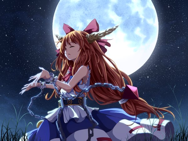 Anime picture 1600x1200 with touhou ibuki suika atami (artist) single long hair open mouth brown hair eyes closed horn (horns) night night sky girl bow hair bow frills moon star (stars) chain full moon