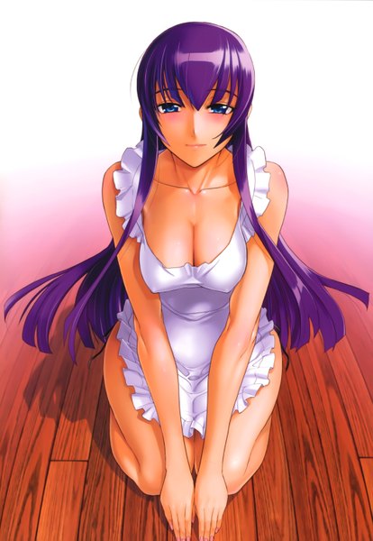 Anime picture 2084x3017 with highschool of the dead madhouse busujima saeko satou shouji single long hair tall image blush highres breasts blue eyes light erotic purple hair scan naked apron girl