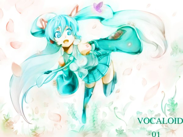 Anime picture 1400x1050 with vocaloid hatsune miku ttomm (artist) single long hair open mouth blue eyes twintails girl thighhighs skirt flower (flowers) black thighhighs detached sleeves petals necktie headphones leaf (leaves) insect butterfly