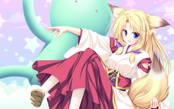 Anime picture 2560x1600 with inakoi kamishiro mutsuki tenmaso single long hair looking at viewer blush highres open mouth blue eyes blonde hair wide image twintails animal ears japanese clothes animal tail fox ears fox tail fox girl short twintails