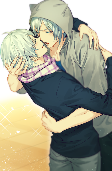 Anime picture 555x846 with idolish 7 osaka sougo yotsuba tamaki palru s2 tall image fringe short hair open mouth blue eyes simple background smile hair between eyes white background blue hair silver hair ahoge eyes closed profile multiple boys sparkle