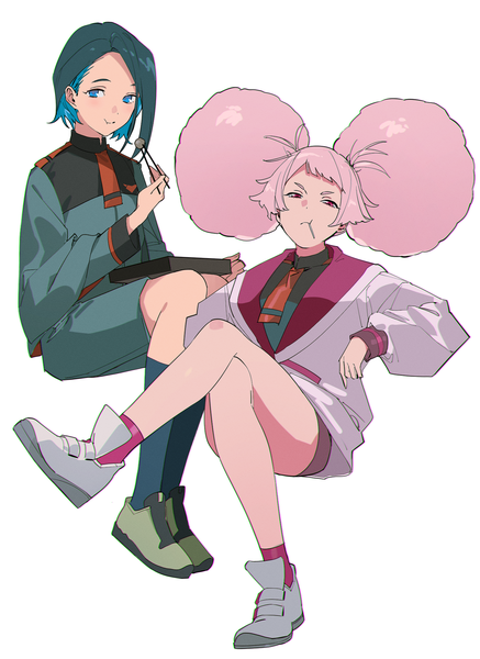 Anime picture 1414x1942 with mobile suit gundam gundam suisei no majo sunrise (studio) chuatury panlunch nika nanaura sabet (young ouo) tall image short hair blue eyes simple background white background sitting twintails multiple girls blue hair pink hair full body pink eyes crossed legs short twintails