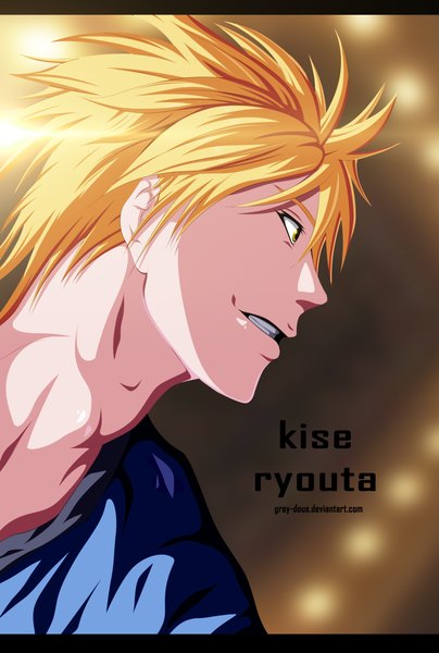 Anime picture 2615x3878 with kuroko no basket production i.g kise ryouta gray-dous single tall image highres short hair blonde hair yellow eyes profile inscription coloring light close-up boy