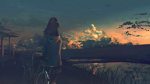 Anime picture 1882x1058 with original goroku single highres short hair wide image standing signed looking away sky cloud (clouds) outdoors pleated skirt from behind sunlight evening sunset scenic railroad crossing girl