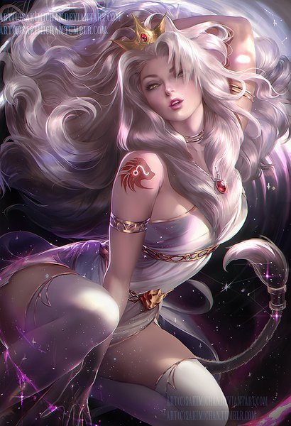 Anime-Bild 684x1000 mit original sakimichan single long hair tall image looking at viewer blush open mouth light erotic signed yellow eyes white hair tail animal tail lips realistic mole tattoo lipstick floating hair