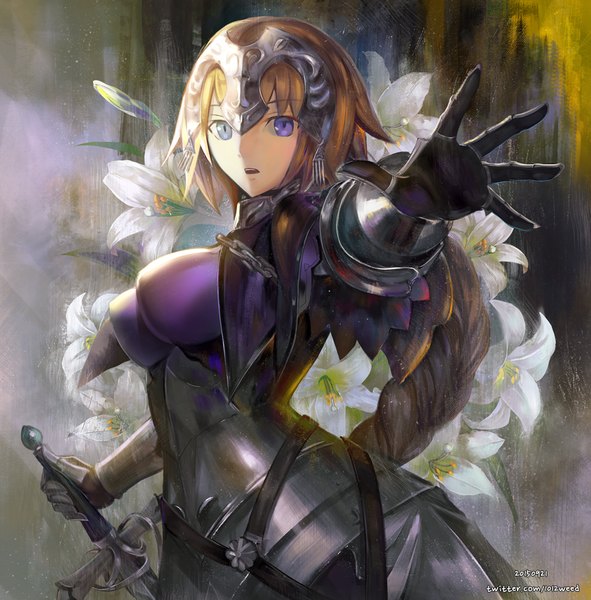 Anime picture 1000x1016 with fate (series) fate/stay night fate/apocrypha type-moon jeanne d'arc (fate) (all) jeanne d'arc (fate) astarone single tall image looking at viewer fringe breasts open mouth light erotic blonde hair large breasts purple eyes holding signed braid (braids)