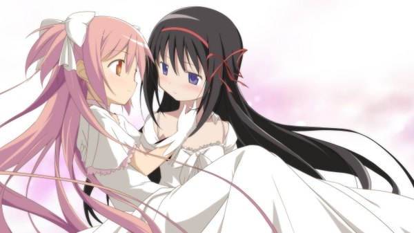 Anime picture 1280x720 with mahou shoujo madoka magica shaft (studio) akemi homura kaname madoka goddess madoka moritan long hair blush black hair red eyes wide image purple eyes multiple girls pink hair shoujo ai carrying princess carry girl dress gloves