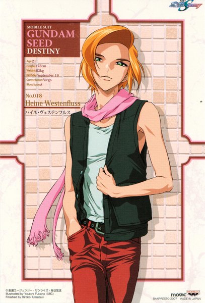 Anime picture 1825x2687 with mobile suit gundam gundam seed destiny sunrise (studio) heine westenfluss fukano youichi single tall image looking at viewer highres short hair green eyes orange hair copyright name sleeveless character names hand in pocket casual boy belt scarf