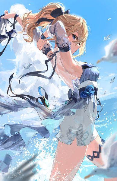 Anime picture 1815x2805 with genshin impact jean gunnhildr jean (sea breeze dandelion) (genshin impact) meltyrice single long hair tall image fringe highres blue eyes blonde hair hair between eyes sky cloud (clouds) outdoors ponytail profile official alternate costume arms behind head summer