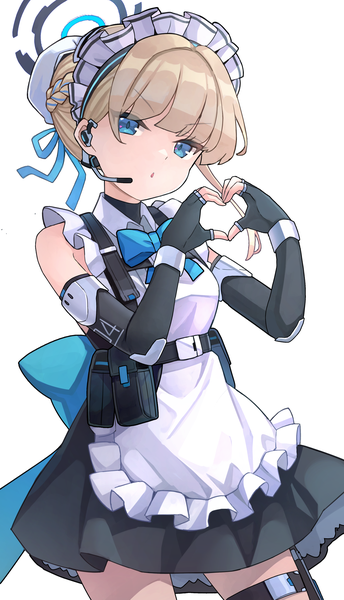 Anime picture 2500x4358 with blue archive toki (blue archive) nomio single tall image highres short hair blue eyes simple background blonde hair white background head tilt :o maid heart hands girl gloves uniform headdress fingerless gloves