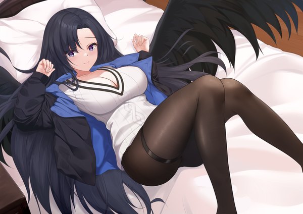Anime picture 4093x2894 with original shenqi (toid310) single long hair looking at viewer blush fringe highres breasts light erotic black hair large breasts purple eyes absurdres cleavage bent knee (knees) indoors lying long sleeves from above