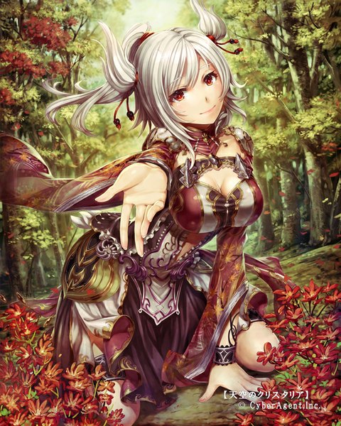Anime picture 640x800 with tenkuu no crystalia gabiran single long hair tall image looking at viewer fringe breasts smile red eyes large breasts sitting twintails bent knee (knees) white hair ponytail sunlight kneeling outstretched arm girl