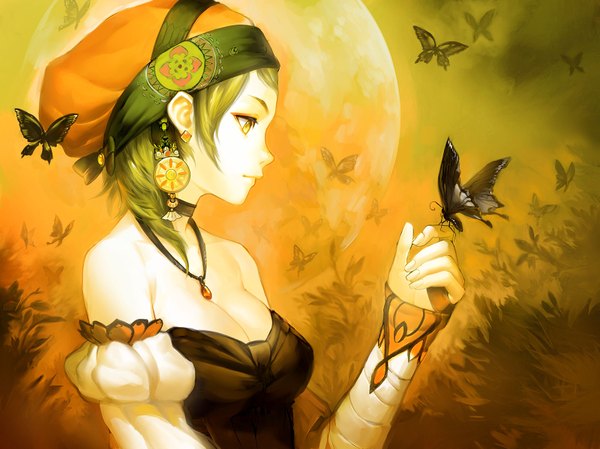 Anime picture 1600x1199 with original asuka111 single short hair blonde hair bare shoulders yellow eyes profile green hair butterfly on hand girl hat detached sleeves earrings choker pendant insect butterfly moon full moon