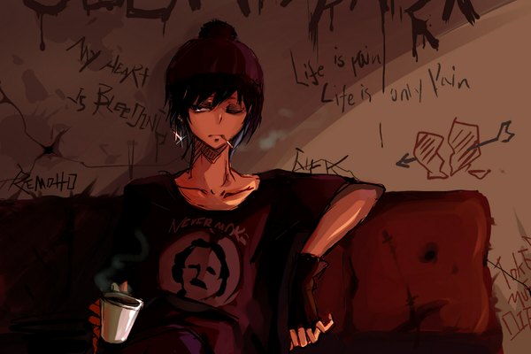 Anime picture 1800x1200 with south park stan marsh remotto single highres short hair blue eyes black hair sitting looking away smoke boy gloves earrings fingerless gloves t-shirt cap cigarette coffee