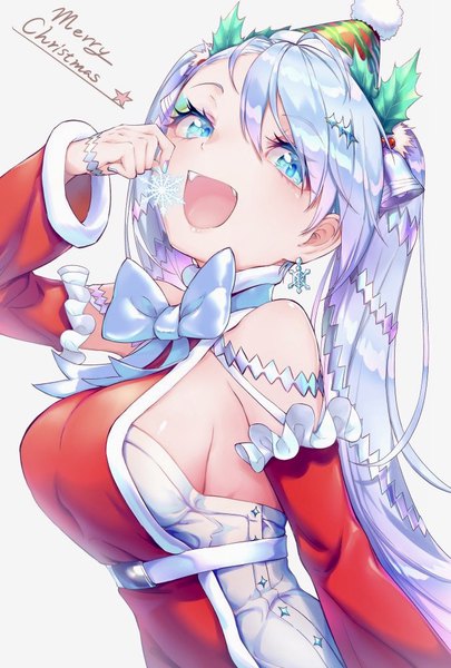 Anime picture 676x1000 with original kano yoshinobu single long hair tall image looking at viewer fringe breasts open mouth blue eyes light erotic simple background hair between eyes white background twintails silver hair upper body :d fang (fangs) sideboob