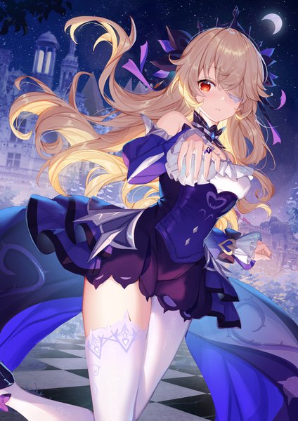 Anime picture 3720x5262 with genshin impact fischl (genshin impact) fischl (ein immernachtstraum) (genshin impact) shanguier single long hair tall image fringe highres blonde hair red eyes standing looking away absurdres outdoors wind hair over one eye night night sky official alternate costume