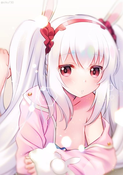 Anime picture 1061x1500 with azur lane laffey (azur lane) silky (silky alice) single long hair tall image looking at viewer blush light erotic red eyes twintails signed animal ears silver hair lying off shoulder twitter username lens flare fake animal ears on stomach