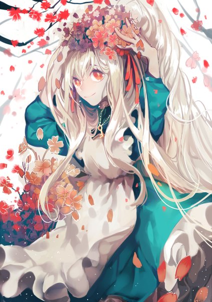Anime picture 850x1205 with kagerou project shaft (studio) mary (kagerou project) syeoseul single long hair tall image fringe smile red eyes white hair arms up cherry blossoms girl flower (flowers) ribbon (ribbons) plant (plants) hair ribbon petals tree (trees)