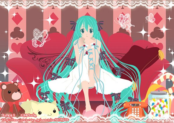 Anime picture 1024x724 with vocaloid hatsune miku e-megu (artist) long hair green eyes nail polish barefoot green hair girl dress ribbon (ribbons) bow hair bow white dress pillow insect butterfly couch teddy bear phone