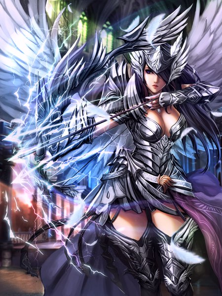 Anime picture 3000x4000 with original chaosringen single long hair tall image fringe highres black hair standing purple eyes holding cleavage hair over one eye realistic angel wings fighting stance white wings frown lightning electricity