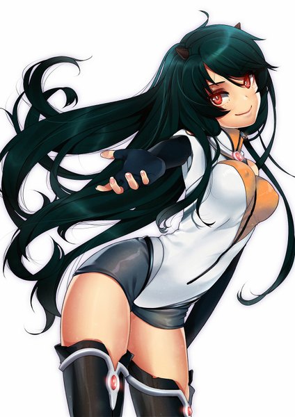 Anime picture 1200x1697 with original rakkou single long hair tall image light erotic simple background smile red eyes white background blue hair horn (horns) leaning erect nipples leaning forward outstretched arm covered nipples girl gloves black gloves