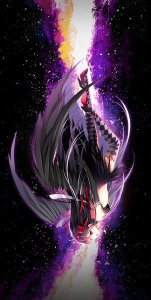 Anime picture 593x1176 with mahou shoujo madoka magica shaft (studio) akemi homura akuma homura myoya single long hair tall image open mouth black hair red eyes upside down girl thighhighs dress gloves ribbon (ribbons) hair ribbon wings elbow gloves