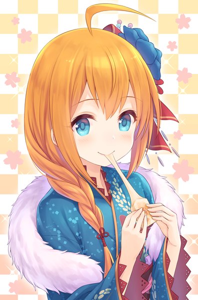 Anime picture 1378x2088 with princess connect! re:dive princess connect! pecorine (princess connect!) tomo (tmtm mf mf) single tall image looking at viewer fringe blue eyes smile holding upper body ahoge braid (braids) long sleeves traditional clothes japanese clothes hair flower orange hair wide sleeves