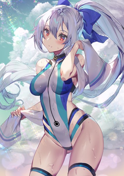 Anime picture 566x800 with fate (series) fate/grand order tomoe gozen (fate) tomoe gozen (swimsuit saber) (fate) yoshimoto (dear life) single long hair tall image fringe light erotic smile hair between eyes red eyes standing sky silver hair cloud (clouds) ponytail wet skindentation