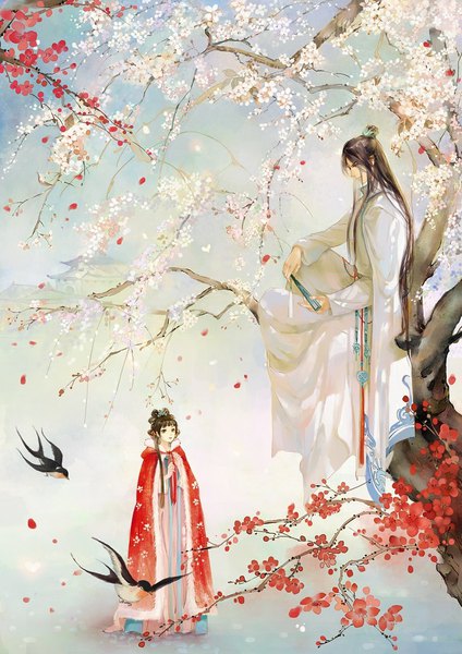 Anime picture 707x1000 with original na yan long hair tall image brown hair standing sitting bent knee (knees) traditional clothes fur trim floral print chinese clothes looking up spring plum blossoms girl boy hair ornament flower (flowers) plant (plants)