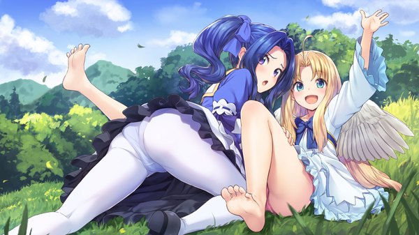 Anime picture 4453x2500 with tate no yuusha no nariagari kinema citrus firo (tate no yuusha no nariagari) melty melromarc tenkuu nozora long hair looking at viewer blush highres open mouth blue eyes light erotic blonde hair smile wide image purple eyes twintails multiple girls payot blue hair