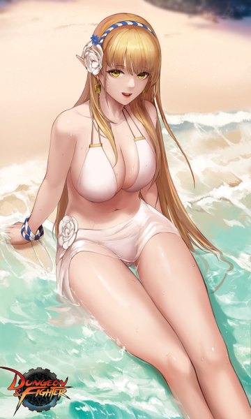 Anime picture 3543x5906 with dungeon and fighter knight (dungeon and fighter) elven knight (dungeon and fighter) monaim single long hair tall image looking at viewer fringe highres breasts open mouth light erotic blonde hair hair between eyes large breasts sitting bare shoulders yellow eyes absurdres