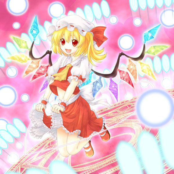 Anime picture 2100x2100 with touhou flandre scarlet shimada (simada bu) single highres short hair open mouth blonde hair red eyes one side up girl dress skirt wings wrist cuffs bonnet skirt set crystal