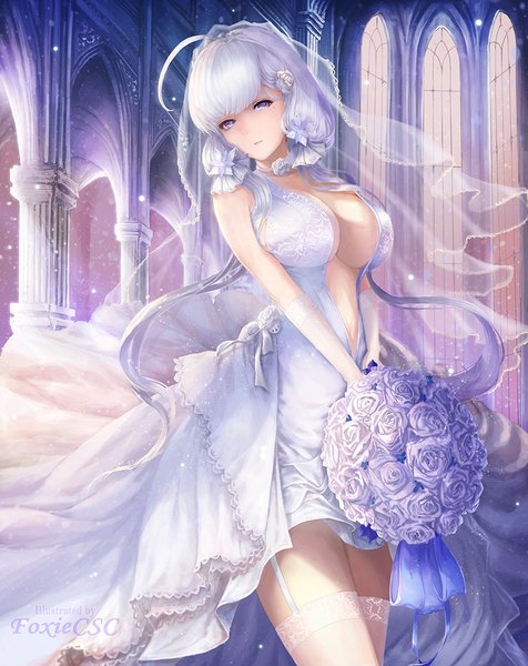 Anime picture 872x1100 with azur lane illustrious (azur lane) illustrious (morning star of love and hope) (azur lane) foxiecsc single long hair tall image looking at viewer fringe breasts light erotic standing twintails purple eyes holding signed cleavage silver hair ahoge indoors